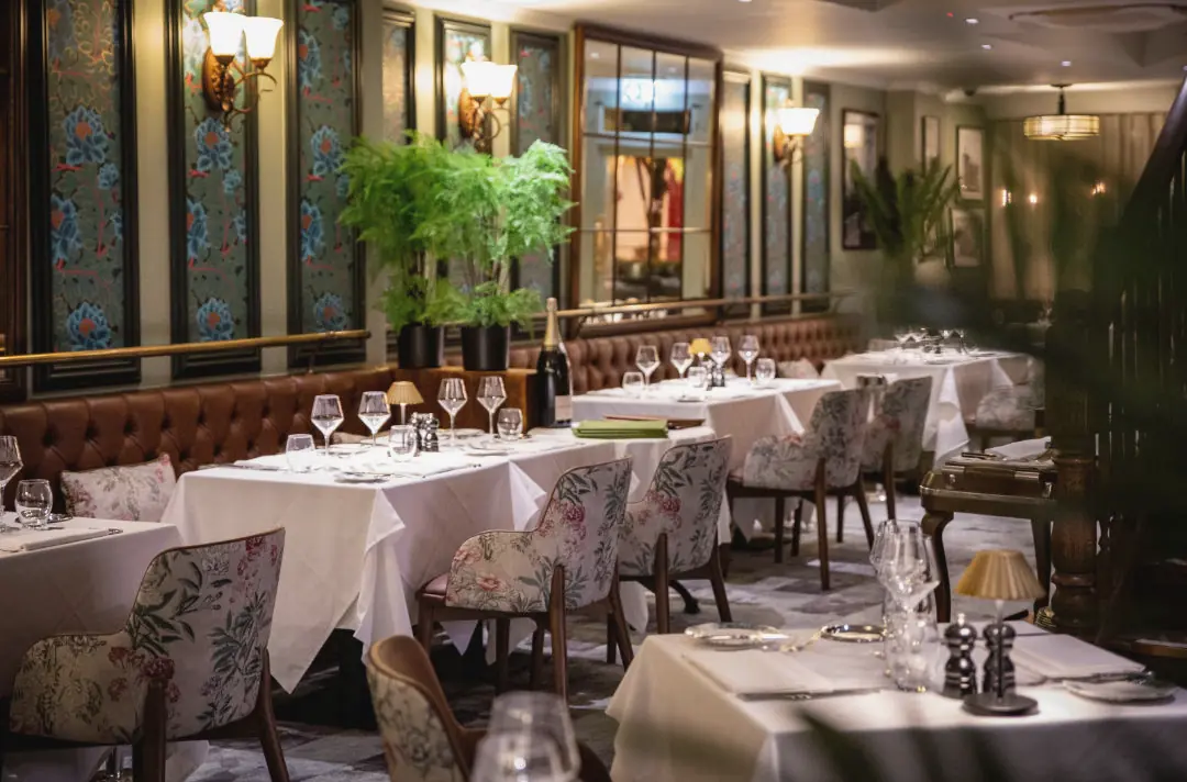 The long dining room at Sage, laid with white linen, with a fern by the window