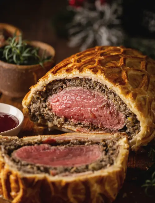 Beef Wellington cut open to show the pink fillet